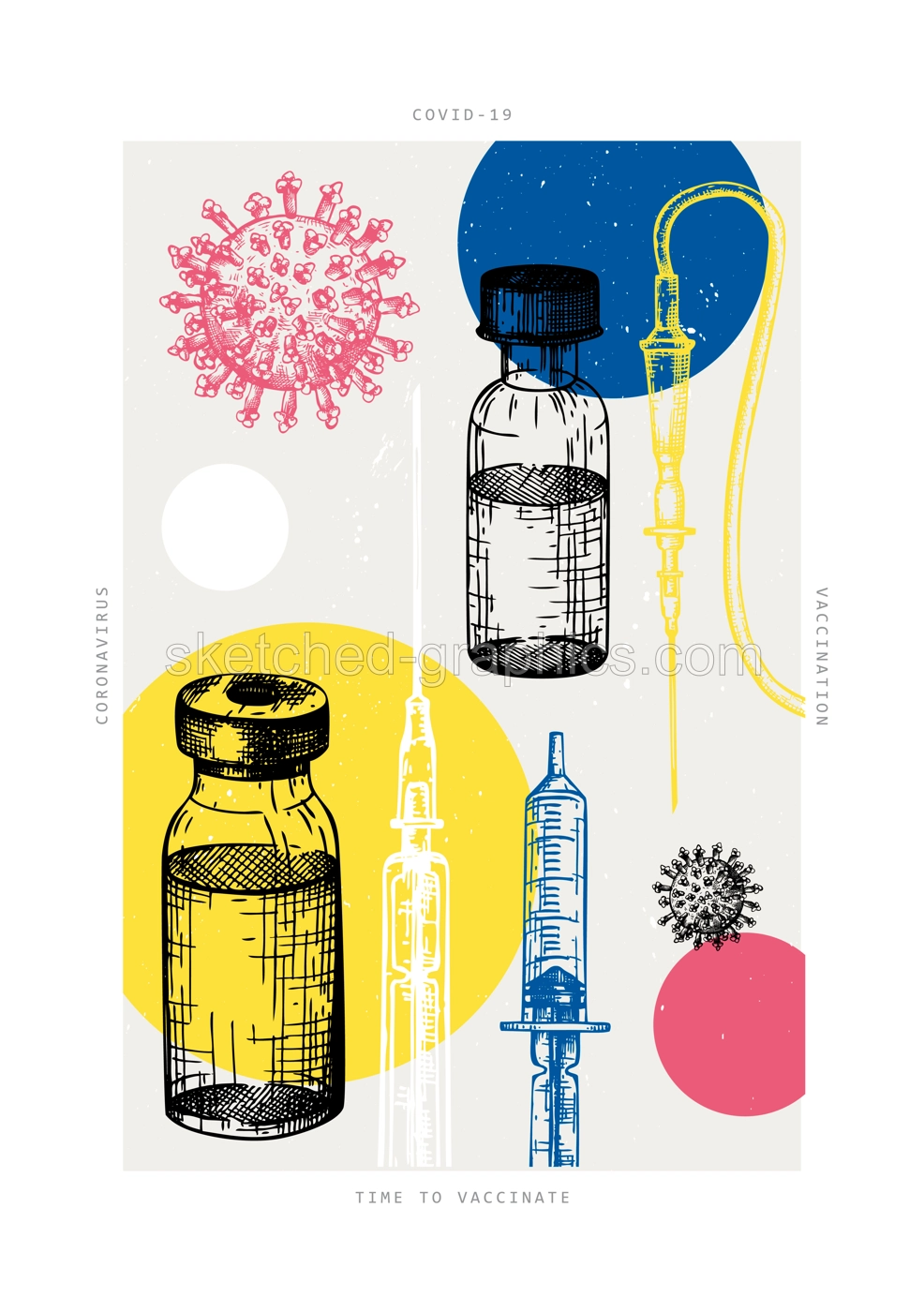Coronavirus vaccine concept. Vector design of covid19 immunization treatment with vaccine bottle and syringe injection sketches. Trendy collage style poster. Illustration